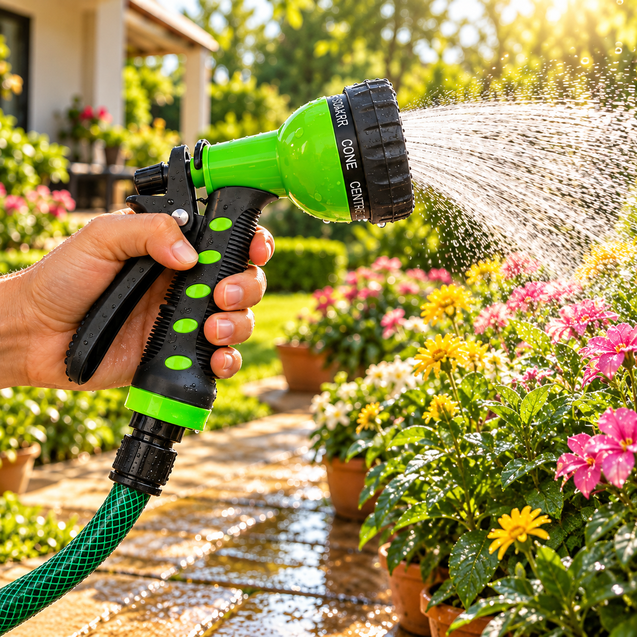 Esguicho em uso para regar flores em um jardim ensolarado