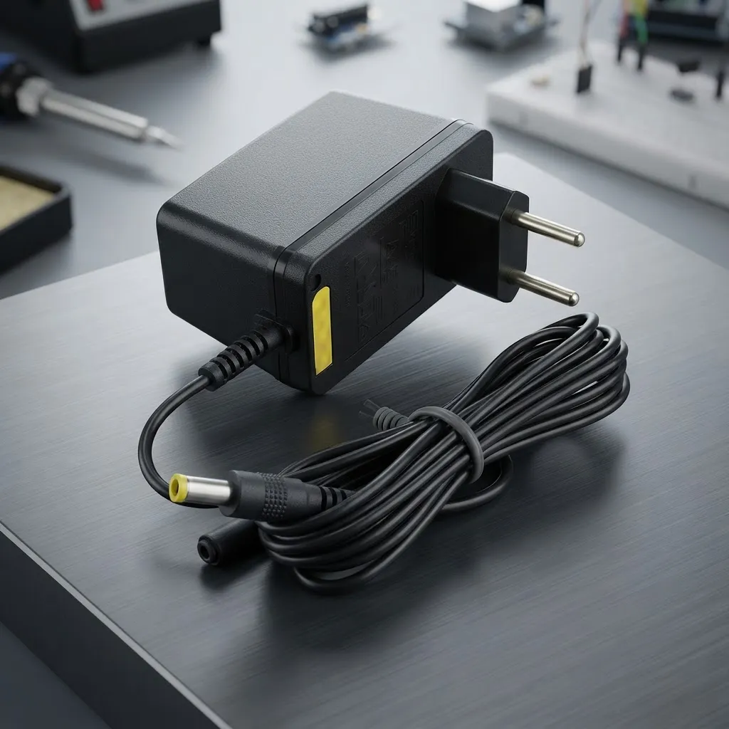 Fonte com conector amarelo sobre uma bancada de trabalho