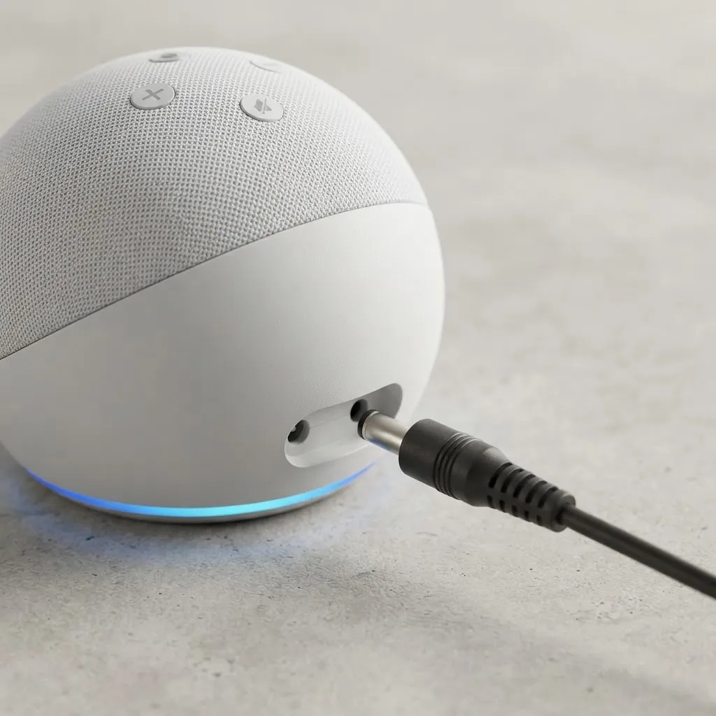 Detalhe do conector de alimentação junto à entrada de um Echo Dot